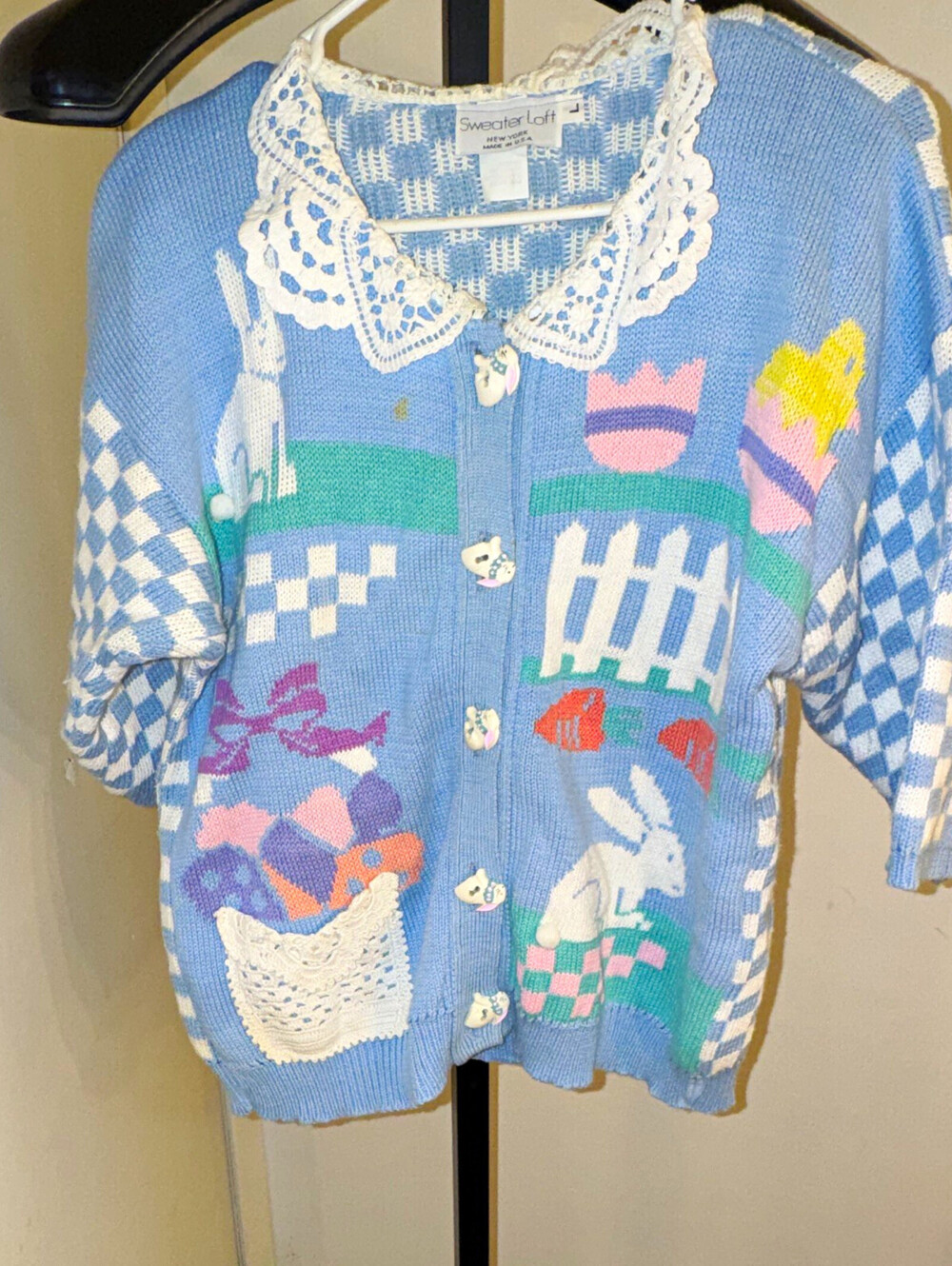 Sweater  Women's L Blue Check Knit Bunny Collared Cardigan Cotton Grannycore